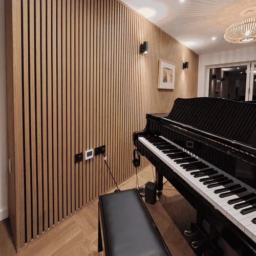 Modern music room finished with Oaklentra wood panels